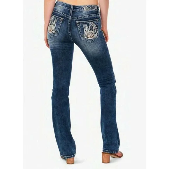 Grace In LA Women's Western Moon Night Embroidered Pockets Bootcut Stretch Jeans - Picture 3 of 3